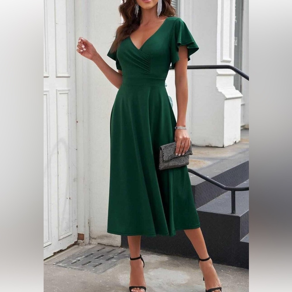 Women's Medium Midi Dress Ruffle Cap Sleeve V Neck Swing A Line Dress